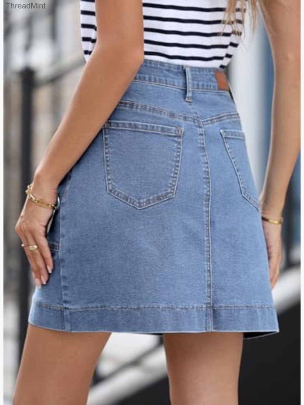 High Waisted Stretch Denim Skirt with Pockets - Picture 2 of 6